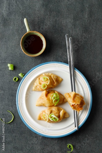 Mandu filled with pork and vegetables on concrete background. Korean cuisine. Top view. photo