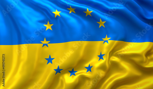 Flag of Ukraine with the stars of European Union flag, blowing in the wind. Full page Ukrainian flying flag.