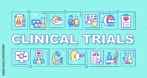 Clinical trials word concepts blue banner. Medical research program. Infographics with icons on color background. Isolated typography. Vector illustration with text. Arial-Black font used