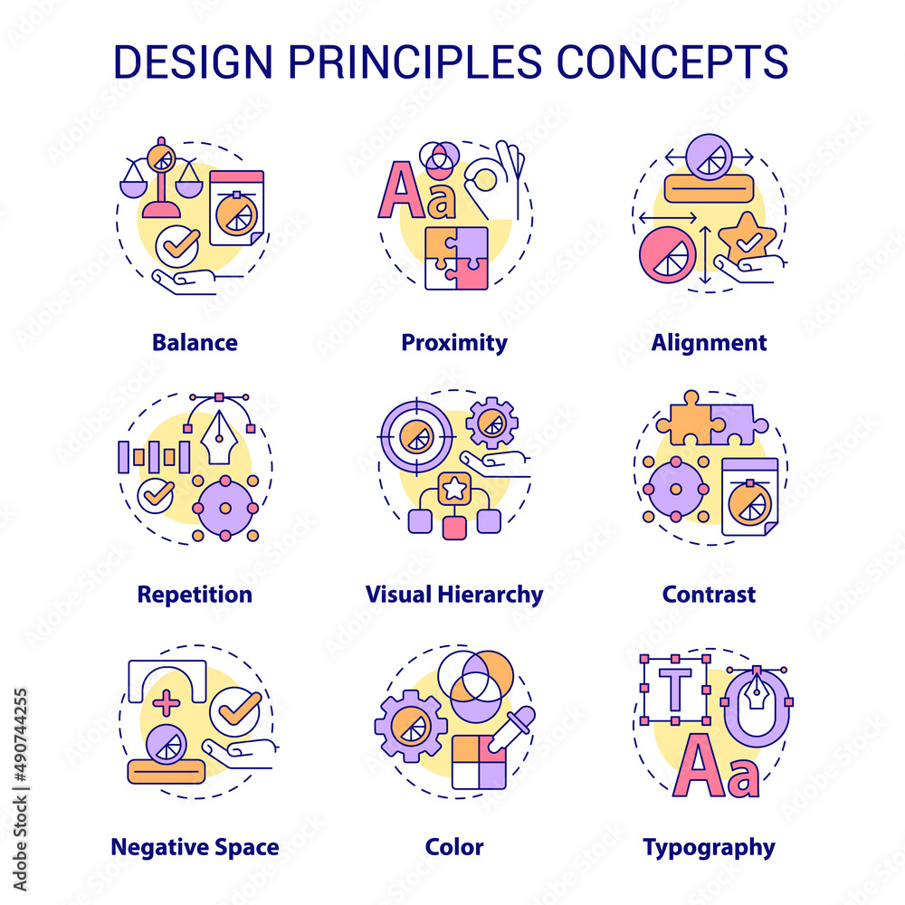 Design principles concept icons set. Art and creative work. Visual content trends idea thin line color illustrations. Isolated symbols. Editable stroke. Roboto-Medium, Myriad Pro-Bold fonts used