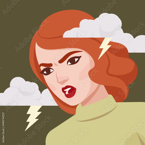 Woman feeling bad wild  intense anger  beautiful fury lady portrait. Smart red haired modern female social media profile picture. Vector flat style creative illustration  storm and lightning cloud