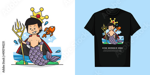 Illustration Vector Graphic of King Mermaid Man Wearing Crown on His Head and Holding the Trident with T-shirt Mockup Design