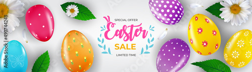 Easter sale poster template with 3d realistic Easter eggs and paint. Template...