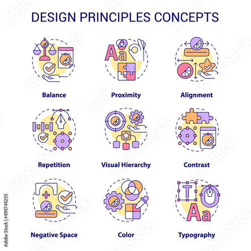 Design principles concept icons set. Art and creative work. Visual content trends idea thin line color illustrations. Isolated symbols. Editable stroke. Roboto-Medium, Myriad Pro-Bold fonts used