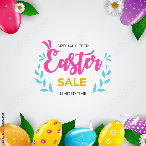 Easter sale poster template with 3d realistic Easter eggs and paint. Template...