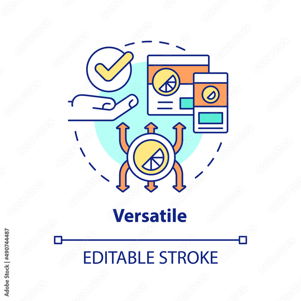 Versatile concept icon. Business promotion. Good logo design characteristics abstract idea thin line illustration. Isolated outline drawing. Editable stroke. Arial, Myriad Pro-Bold fonts used Versatile concept icon. Business promotion. Good logo design characteristics abstract idea thin line illustration. Isolated outline drawing. Editable stroke. Arial, Myriad Pro-Bold fonts used