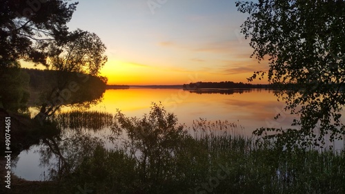 In the morning, the sun rises over the lake. The shores of the lake are covered with forest, reeds grow in the water. The sky and clouds are reflected in the water. The branches of a birch tree lean 