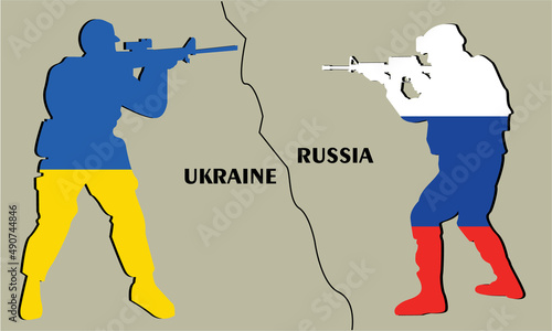 Russian and Ukrainian soldier aiming rifles to each other with their flags representing the Russia-Ukraine war in 2022