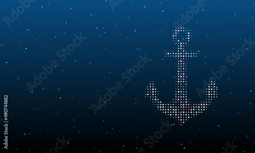 On the right is the sea anchor symbol filled with white dots. Background pattern from dots and circles of different shades. Vector illustration on blue background with stars