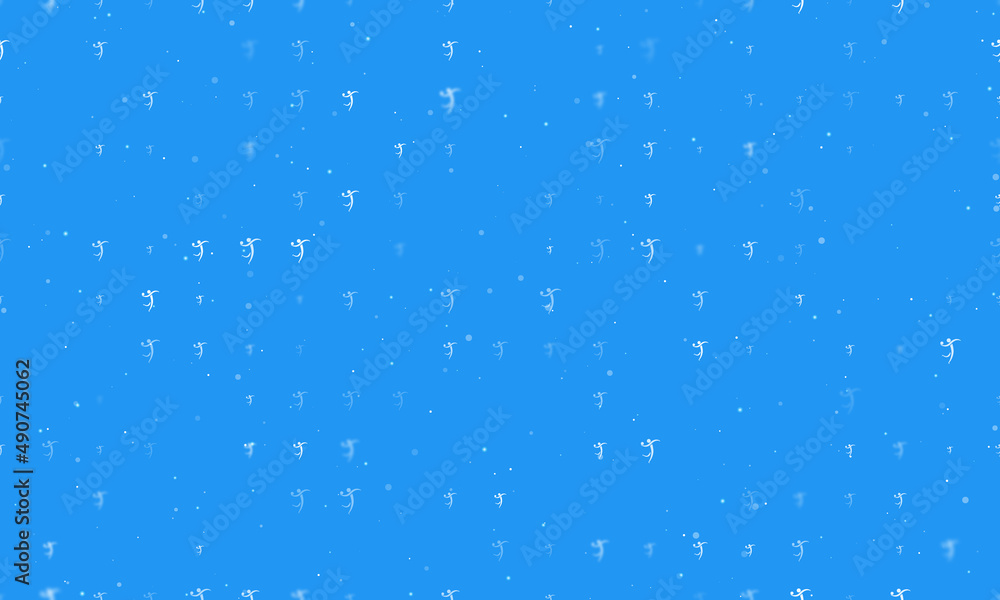 Seamless background pattern of evenly spaced white handball symbols of different sizes and opacity. Vector illustration on blue background with stars