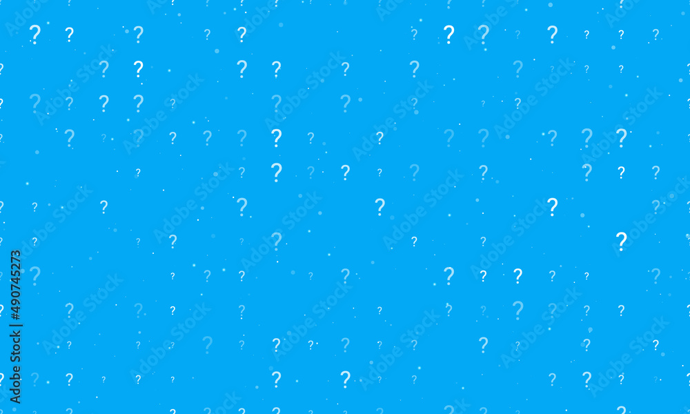 Seamless background pattern of evenly spaced white question symbols of different sizes and opacity. Vector illustration on light blue background with stars