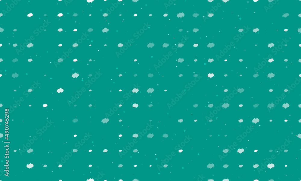 Seamless background pattern of evenly spaced white explosion symbols of different sizes and opacity. Vector illustration on teal background with stars Seamless background pattern of evenly spaced white explosion symbols of different sizes and opacity. Vector illustration on teal background with stars