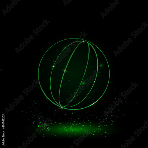 A large green outline beach ball symbol on the center. Green Neon style. Neon color with shiny stars. Vector illustration on black background © Alexey