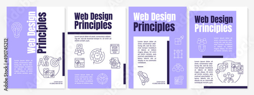Principles of web design purple brochure template. Graphic artist work. Leaflet design with linear icons. 4 vector layouts for presentation, annual reports. Anton, Lato-Regular fonts used