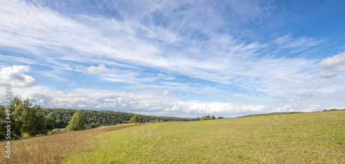 Field after harvest and blue sky with light clouds