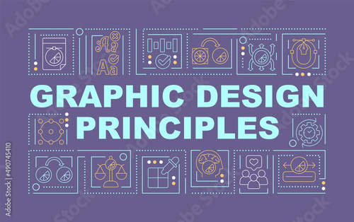 Principles of graphic design word concepts purple banner. Business style. Infographics with icons on color background. Isolated typography. Vector illustration with text. Arial-Black font used