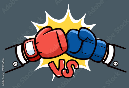 Hand businessman boxing glove red vs blue, business fighting concept. Vector illustration cartoon logo flat design for banner, poster, and background.