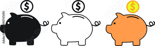 Piggy bank icon. Piggy bank saving money icon in different style. Baby pig piggy bank