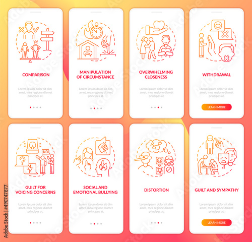 Emotional manipulator red gradient onboarding mobile app screen set. Walkthrough 4 steps graphic instructions pages with linear concepts. UI, UX, GUI template. Myriad Pro-Bold, Regular fonts used