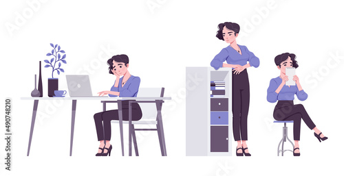 Office worker set, young businesswoman, female employee at workplace. Brunette smart girl in formal wear. Vector flat style cartoon character isolated on white background, different poses