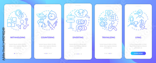 Emotional manipulation cases blue gradient onboarding mobile app screen. Walkthrough 5 steps graphic instructions pages with linear concepts. UI, UX, GUI template. Myriad Pro-Bold, Regular fonts used