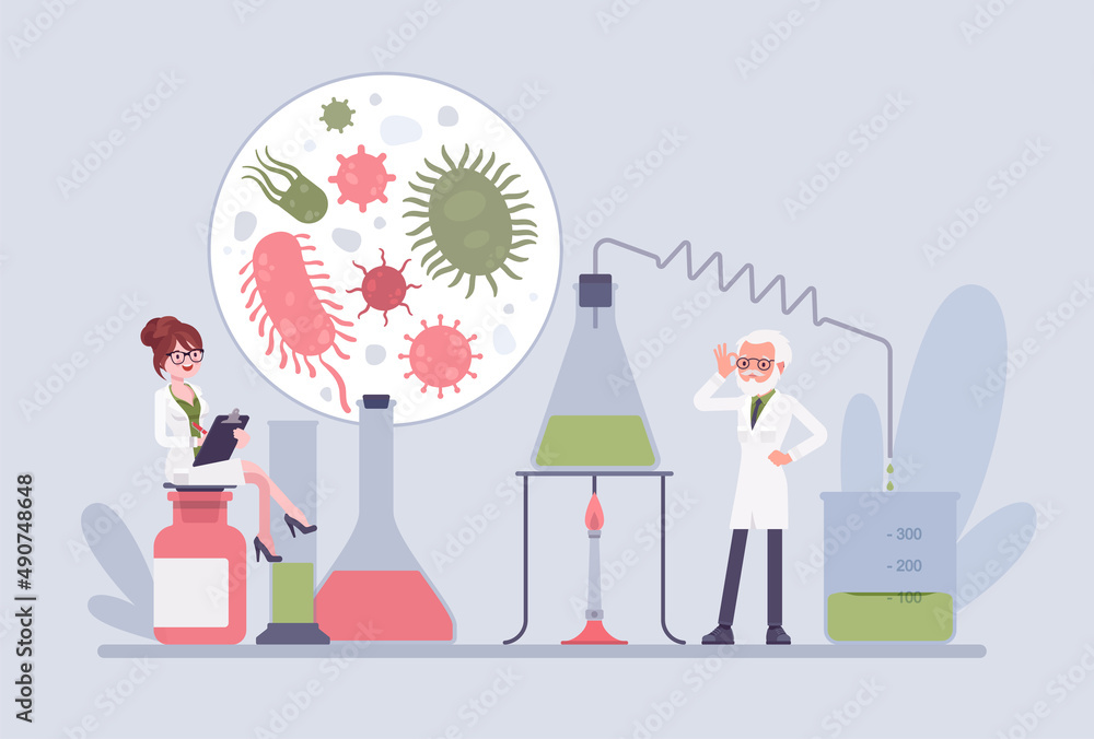 Clinic scientists working in laboratory, germs, viruses, bacteria lab study. Scientific equipment, medicine research and prevention. Vector flat style creative illustration, health, healthcare concept