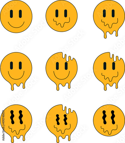 Set of funny smiley faces melt, acid, trippy, psychedelic print for t-shirt, poster, stickers concept