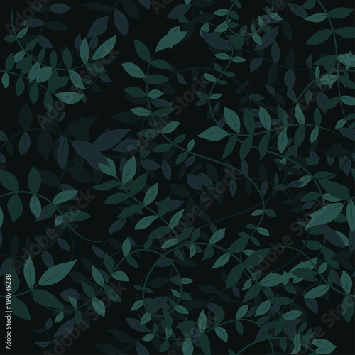 Seamless dark mystery green leaves vine plant in layers pattern. Floral leaf on brunch. For wallpaper, wrapping, textile printing and backgrounds
