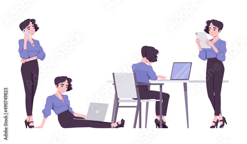 Office worker set, young businesswoman, female employee with gadgets. Brunette smart girl in formal wear. Vector flat style cartoon character isolated on white background, different poses