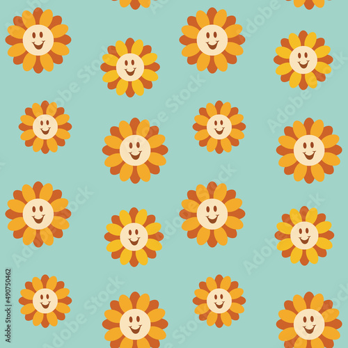 Vintage smiley faces and flowers, trippy seamless pattern. Retro hippie psychedelic emoji. Happy facial expression with chamomile
