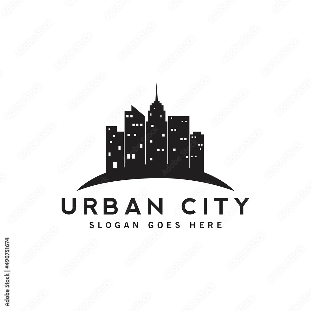 real estate urban city logo design, silhouette city building, business real estate investment, building construction logo vector template