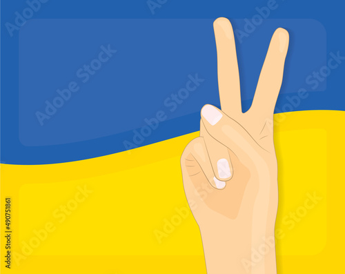 hand showing victory sign and wavy Ukraine flag- vector illustration- vector illustration