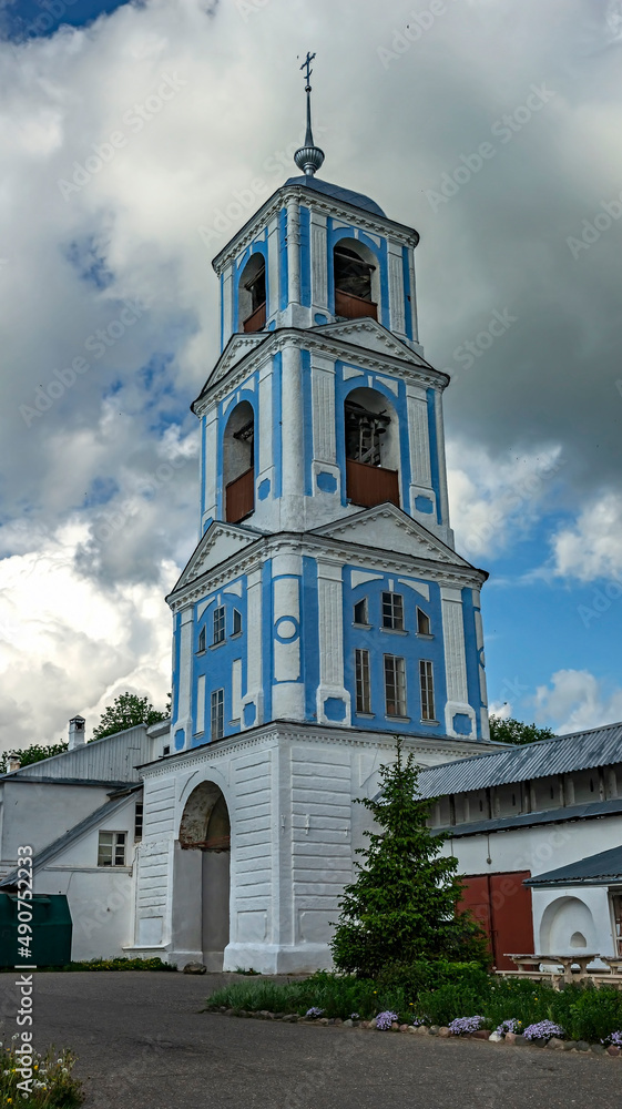 Fototapeta premium Bell tower above the entrance gate, XIX century. Nikitsky monastery, city of Pereslavl Zalessky, Russia. Date of foundation - about 1186