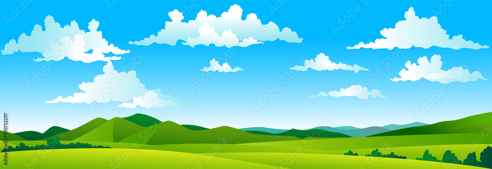 Fototapeta premium Cartoon colorful panorama of spring summer beautiful nature, green grasslands meadow with mountains on horizon background, summer mountain landscape, dawn over the valley. Vector illustration 