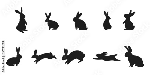 Easter holiday bunnies silhouette set in different shapes and actions isolated on white background. Cartoon vector illustration of rabbits and hares element. 