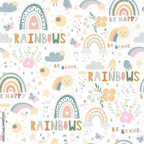 Nice baby neutral bohemian rainbows seamless pattern. Trend rainbows surface. Boho rainbows for baby shower invitations, cards, nursery room, posters, fabric.