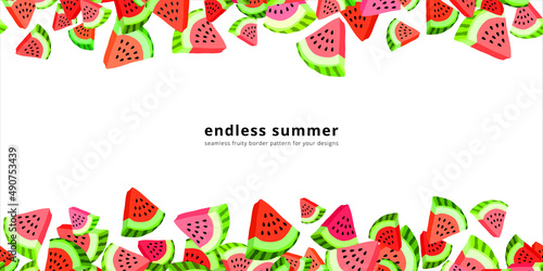 Vector seamless border pattern with watermelon slices. Colorful hand-drawn repeatable horizontal background. Summer fruits with seeds backdrop.