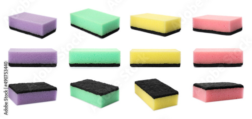 Set with cleaning sponges on white background. Banner design