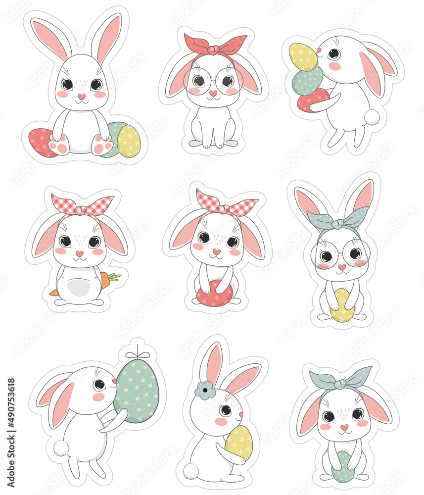 Cute easter bunny printable stickers. Vector illustration.