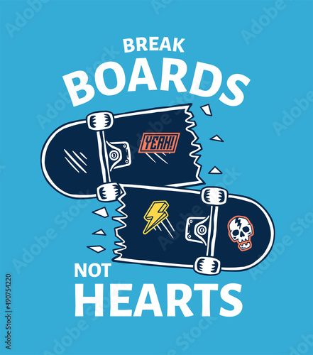 Broken skateboard vector illustration for t-shirt prints, posters and other uses.