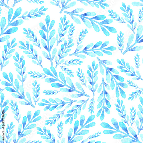Blue branches on a white background watercolor hand drawn pattern
