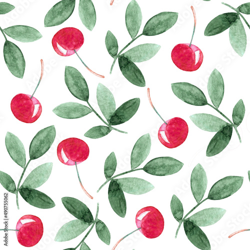 Watercolor seamless pattern made of juicy red cherries and green leaves. Hand painted illustration of berries for print scrapbookinmg  fabric or web design