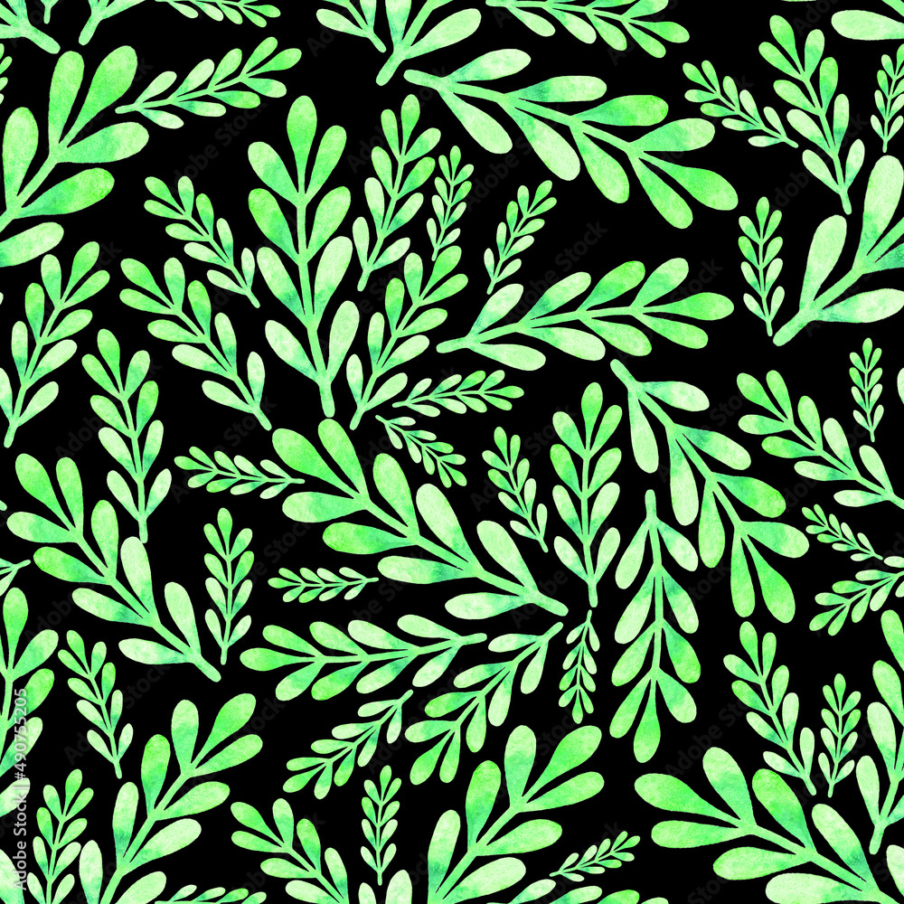 Green branches on a black background hand drawn watercolor pattern2 Green branches on a black background hand drawn watercolor pattern2