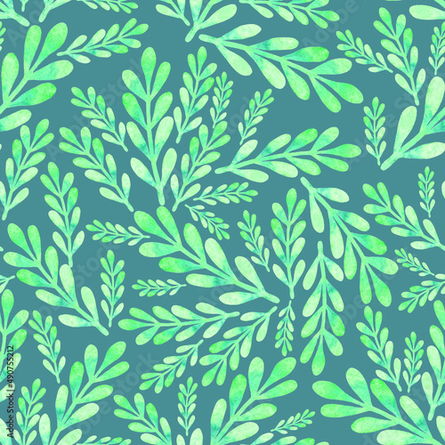 Green branches on a blue background hand drawn watercolor pattern