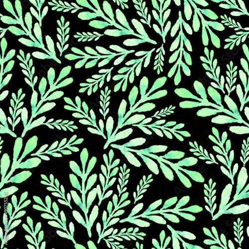 Green branches on black background seamless hand drawn watercolor pattern