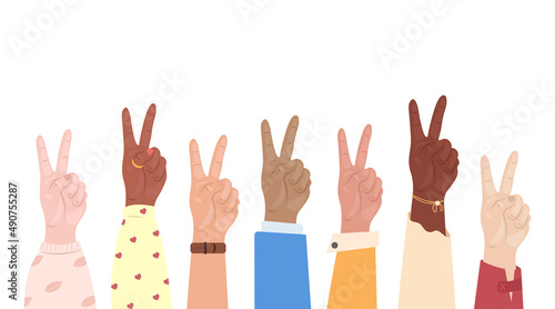 Mutual support. V sign or victory gesture language, peace, ok hand sign concept. Set of mixed race peoples hands showing peace luck positive ok sign with fingers. Unity, friendship vector illustration