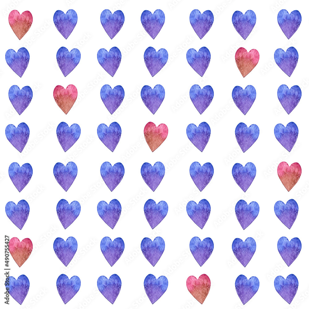 Hand drawn watercolor seamless pattern with ordered little isolated purple and red hearts.Decorating elements for web design or printing textile, greeting cards for Valentine's Day