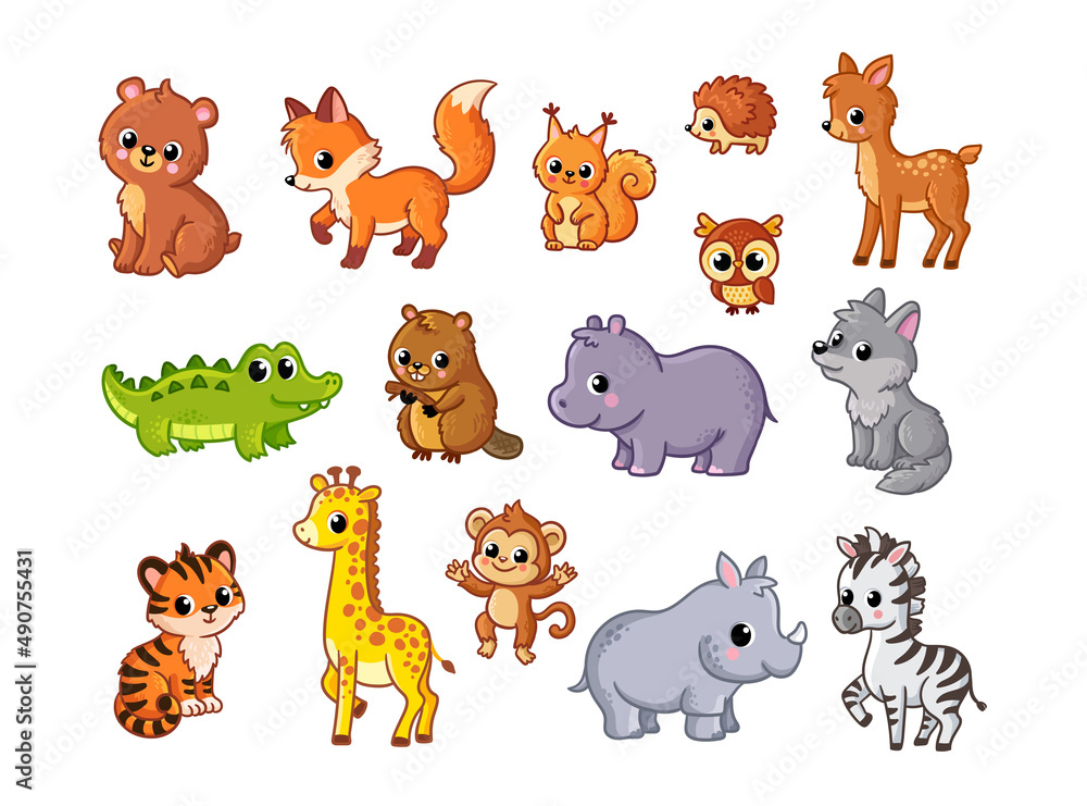 Vector big set with kids animals of Africa and forests. Collection of baby animals on a white background.