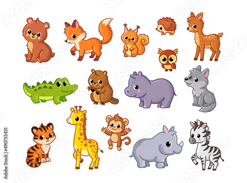 Vector big set with kids animals of Africa and forests. Collection of baby animals on a white background.