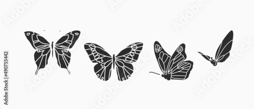 Hand drawn vector abstract stock flat graphic illustrations collection set bundle with logo elements,bohemian magic line silhouette art of mystic flying butterfly and moth,feminine simple style.